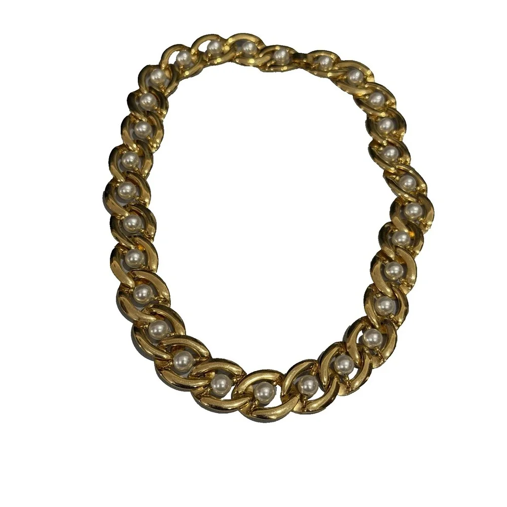 Vintage Gold Tone Imitation Caged Pearl Link Necklace Chunky Collar Necklace